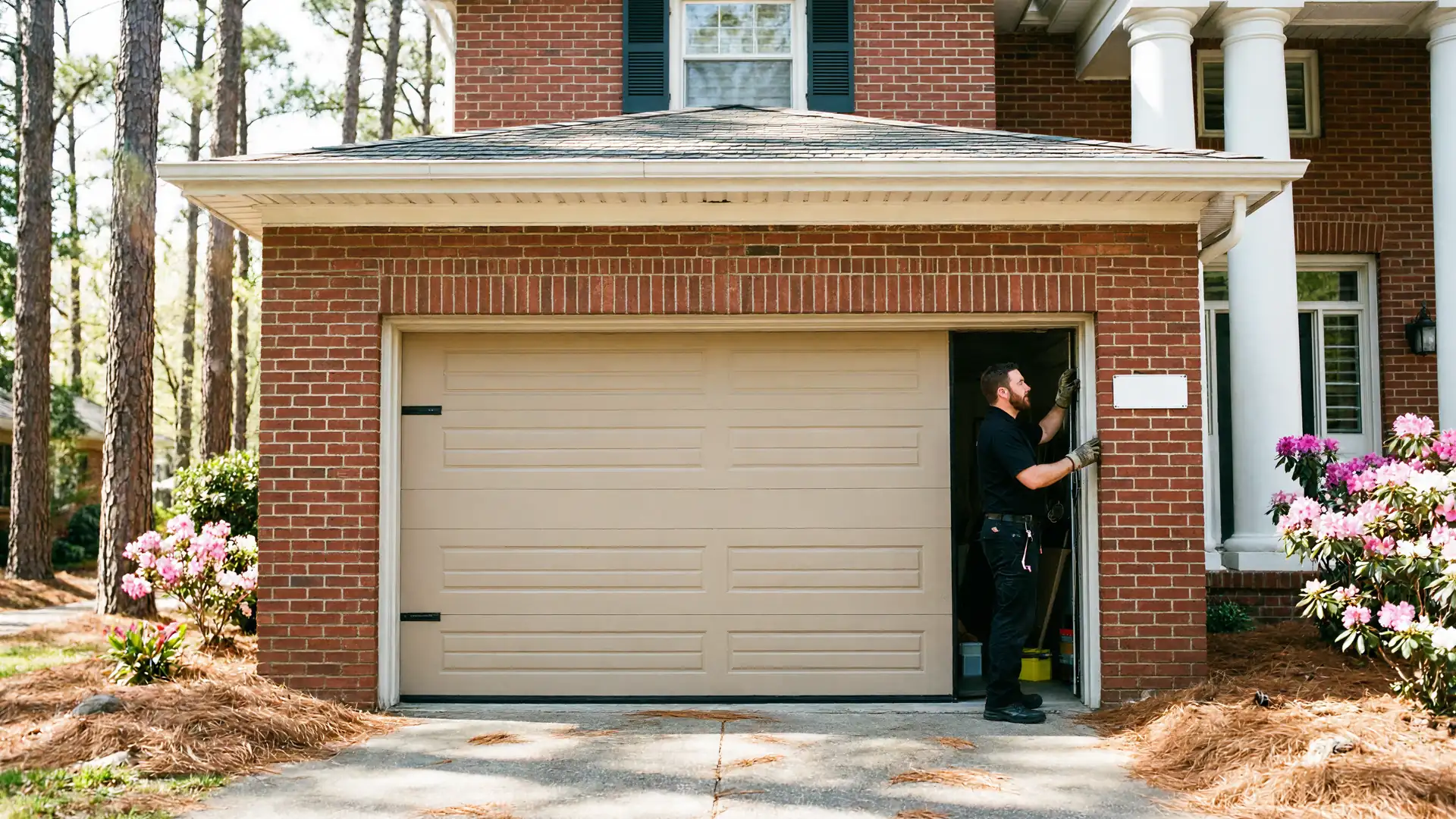 A technician works on the side of a tan garage door on a brick house.