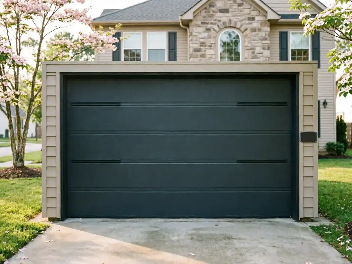 A dark gray garage door with horizontal panels on a beige house.