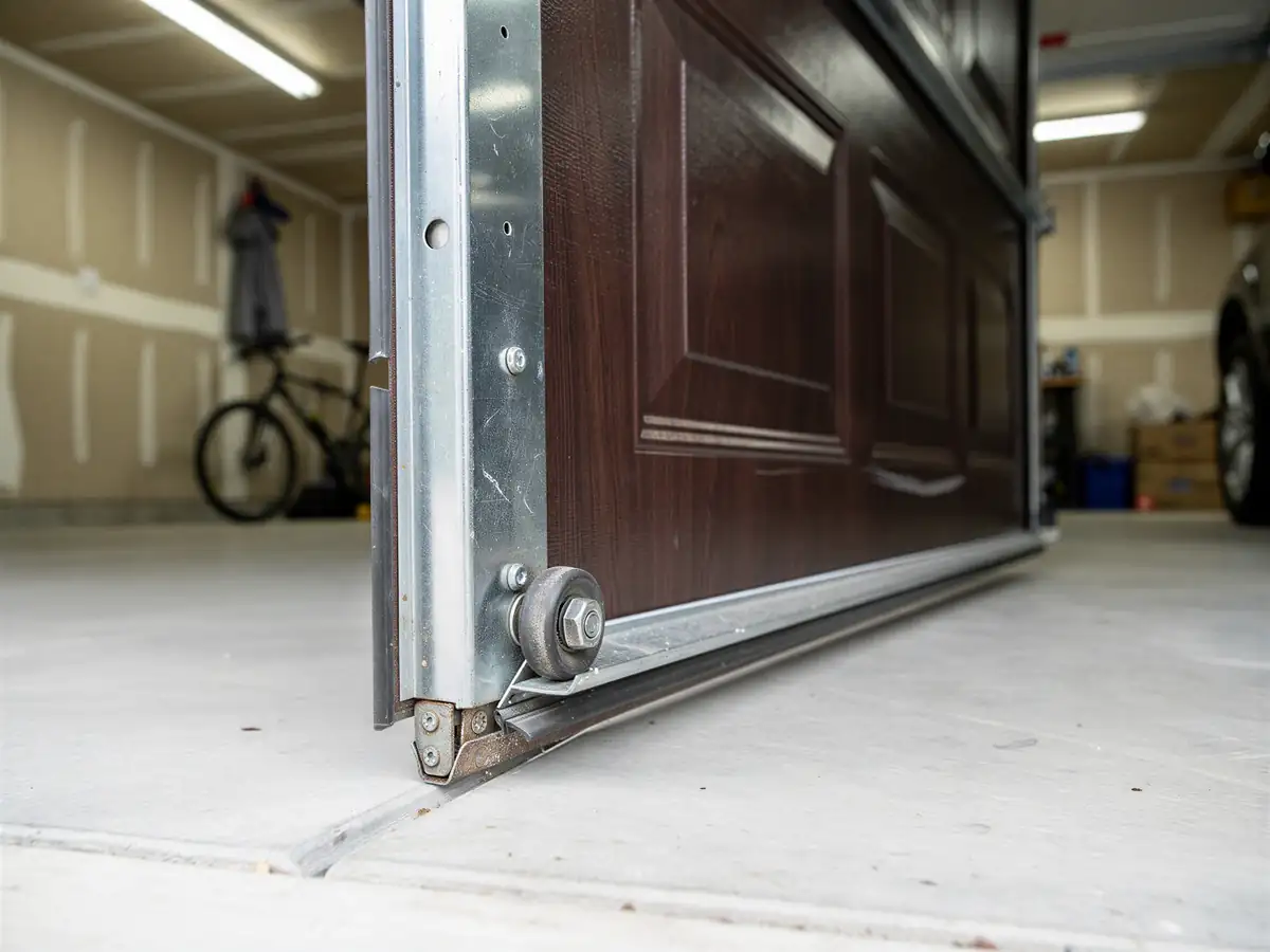 The bottom of a brown garage door is slightly open, showing the roller and track.