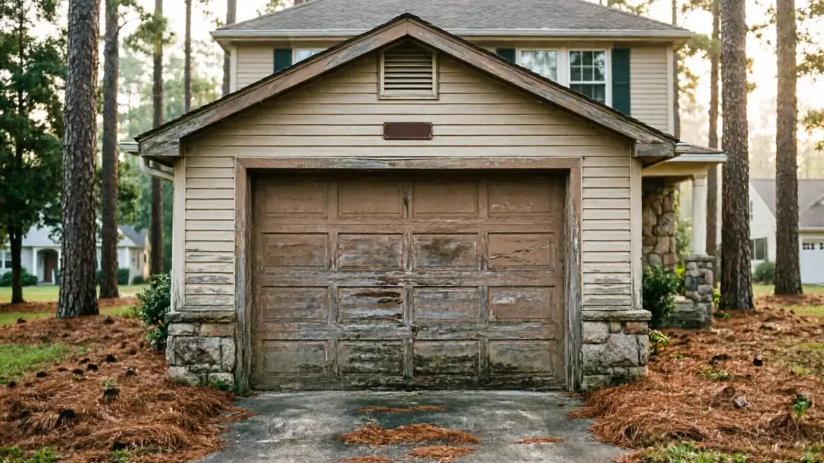 A weathered brown garage door with peeling paint on a house with tan siding.