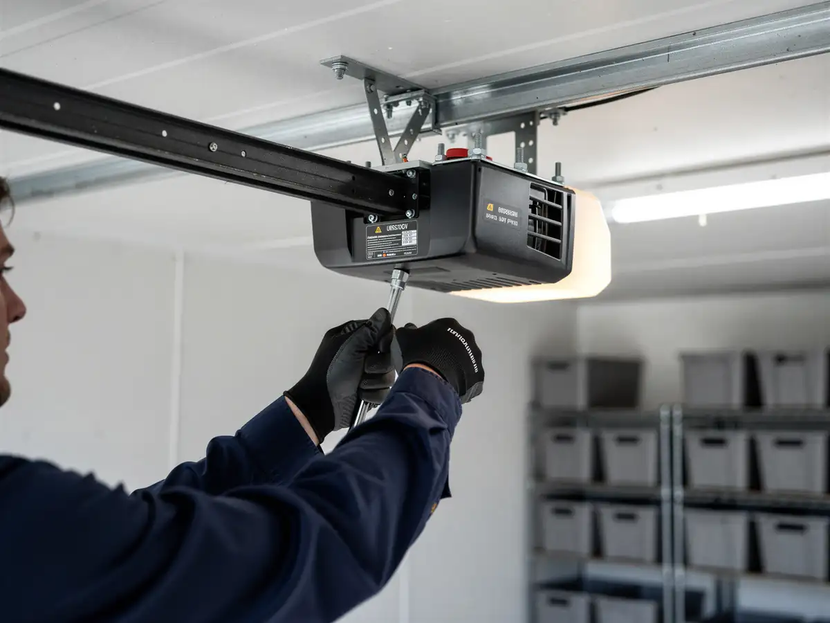 A technician in gloves adjusts a garage door opener with a wrench.